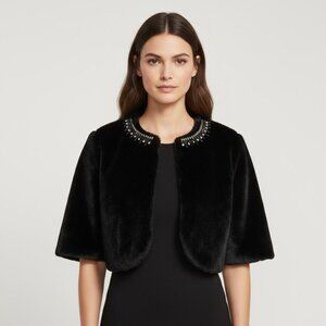 Luxurious Faux Fur Jacket Capulet M Black Jeweled Collar Classic Glam Formal EUC